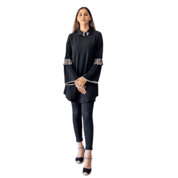 Shirt With Sequin Sleeve Detail With Collar - Image 2