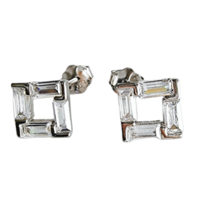 L107 Square Baguette Sterling Silver CZ Stud Earrings