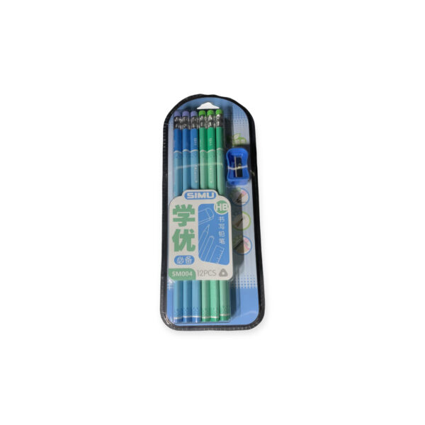 12 Pc Blue/Green Pencils & Sharpener Set