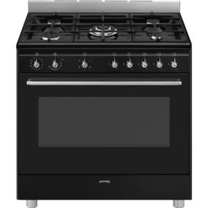 Smeg 90cm Full Gas Cooker, Glossy Black, Air-Cooling System, Built-in Thermostat SSA91GGBL2